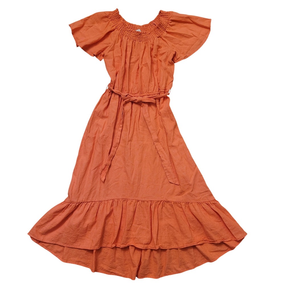 Sandra Darren Coral Linen Smocked Off Shoulder High Low Midi Dress 10 Summer